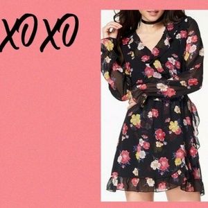 XOXO FLORAL CHIFFON FAUX WRAP DRESS~RUFFLED~LARGE